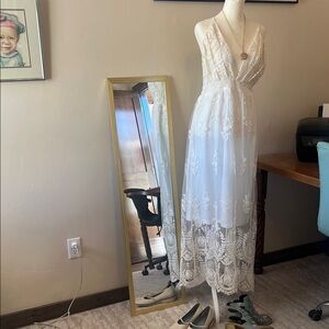 Elegant White Lace Dress w/Embroidered Sky Blue Heels